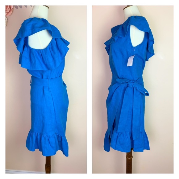 New! GOEN.J Wrap Effect Linen Ruffled Dress in Azure - Picture 7 of 11